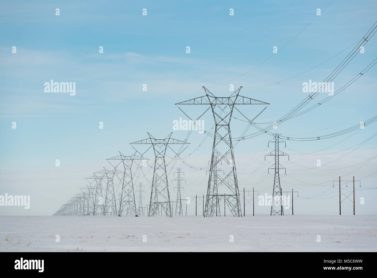 Electric Transmission Lines Wooden Poles Stock Photos & Electric