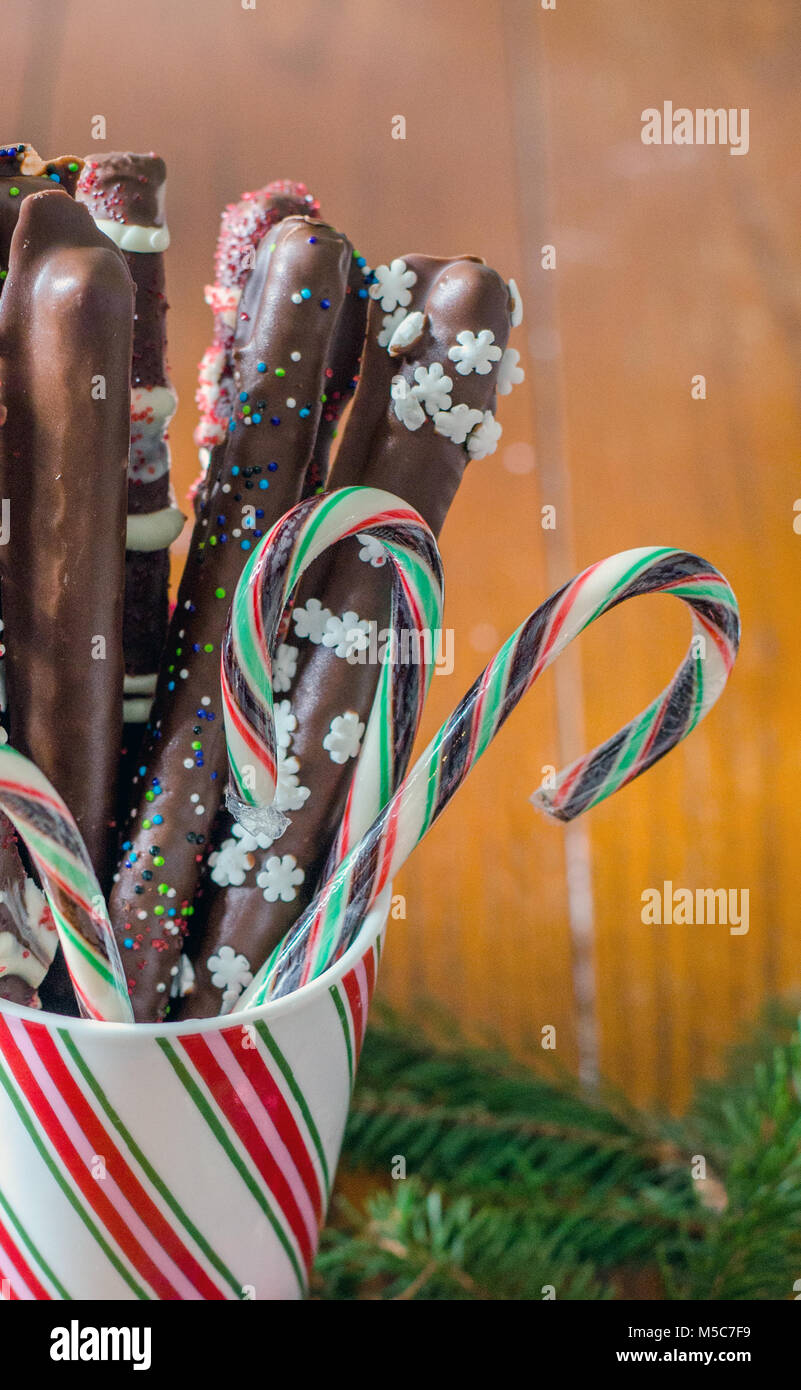 candy canes and chocolate pretzels close up Stock Photo