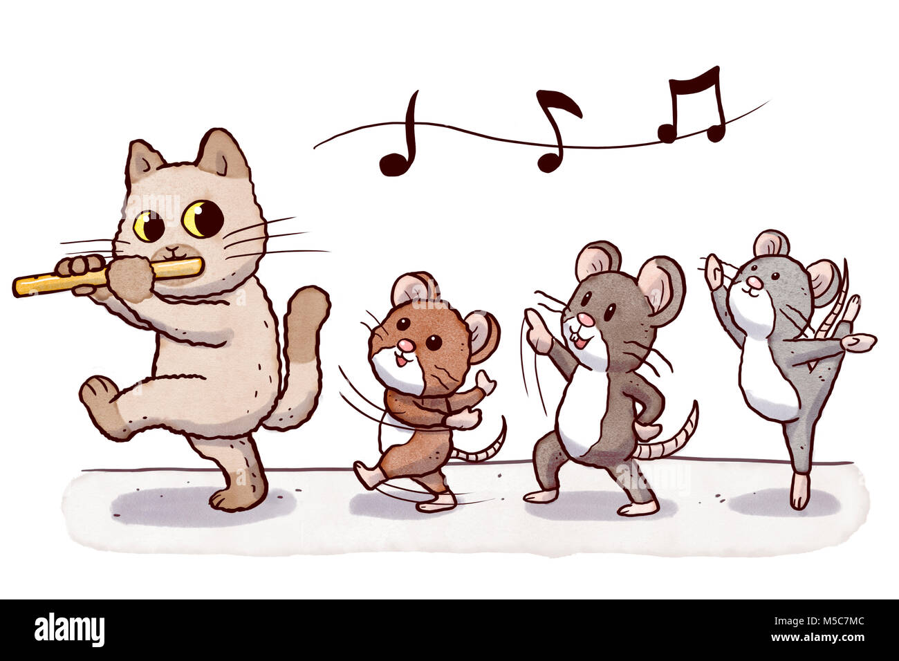 Cat playing flute and followed by three cute rats dancing Stock Photo