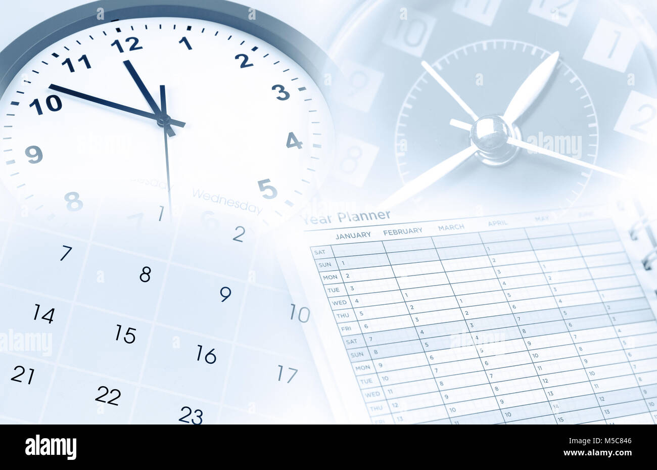Clocks, calendar and year planner. Time management Stock Photo Alamy