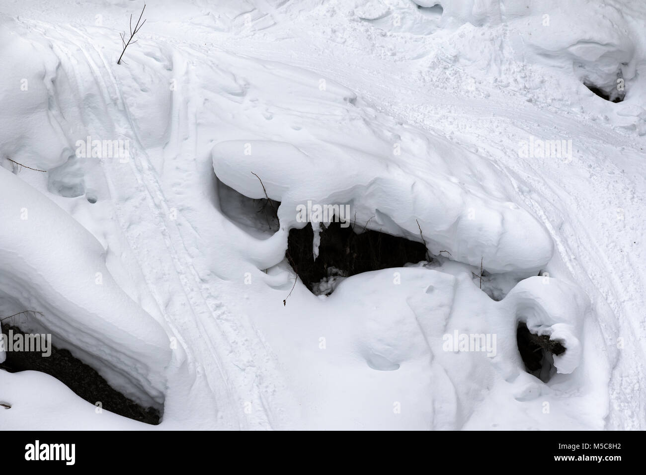 Freeride ski and snowboard tracks in powder snow Stock Photo by salajean