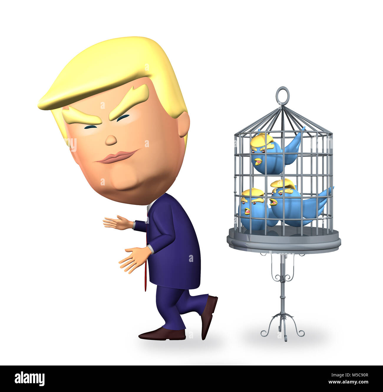 Donald Trump puts Twitter birds in the cage Stock Photo