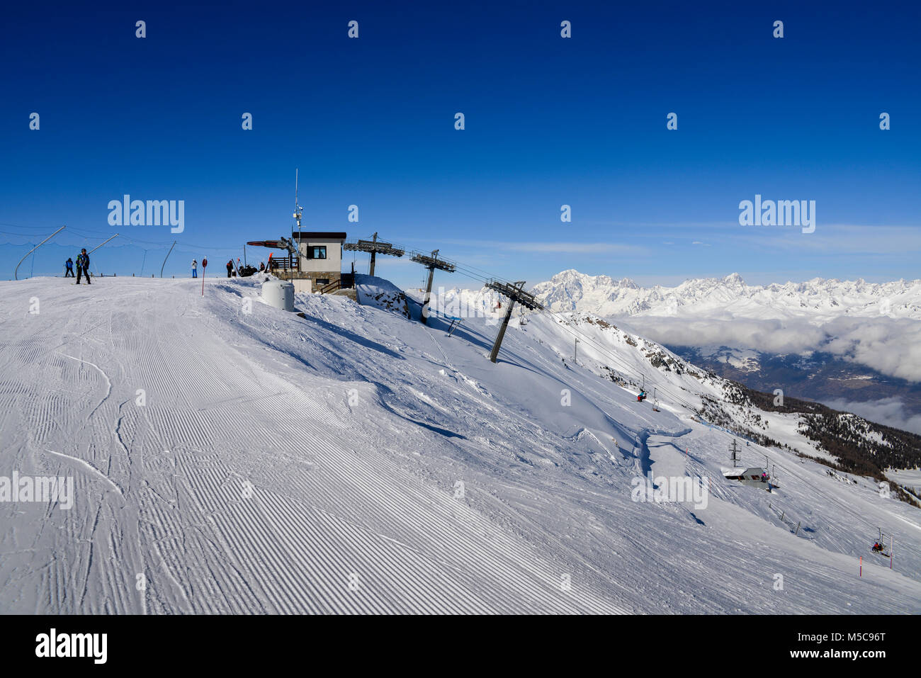 Pila, Aosta, Italy - Feb 19, 2018: Chairlift at Italian ski area of ...