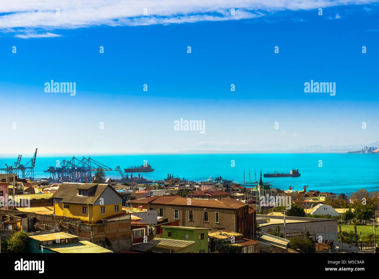 View of cityscape and coast of Valparaiso in Chile Stock Photo