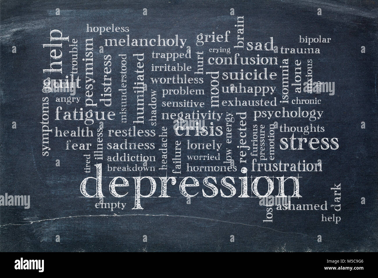 depression word cloud - white chalk text on a slate blackboard Stock Photo