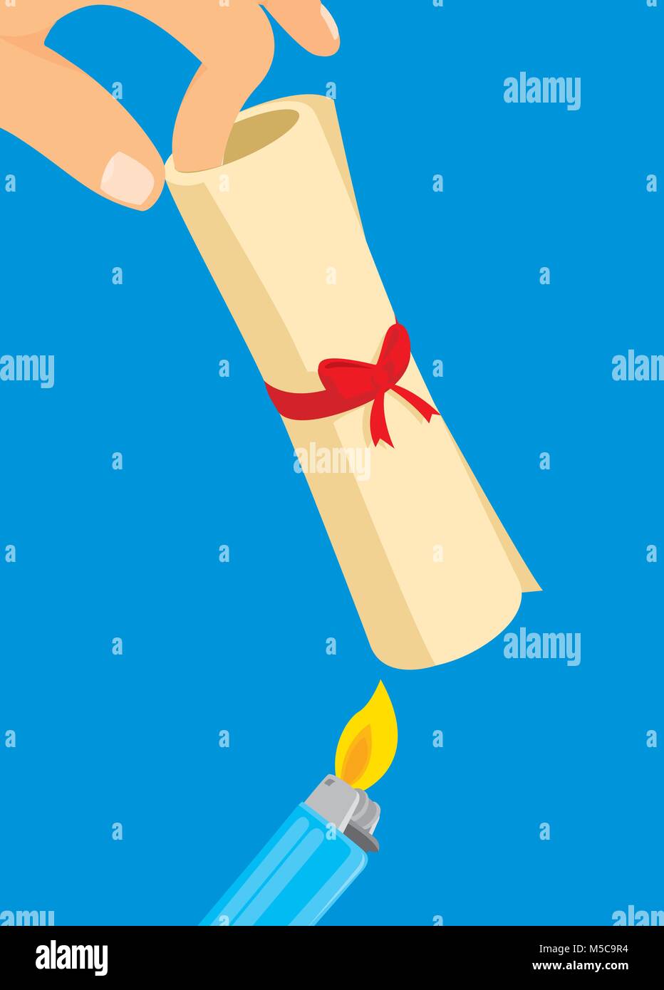 Cartoon illustration of lighter about to burn a diploma Stock Vector