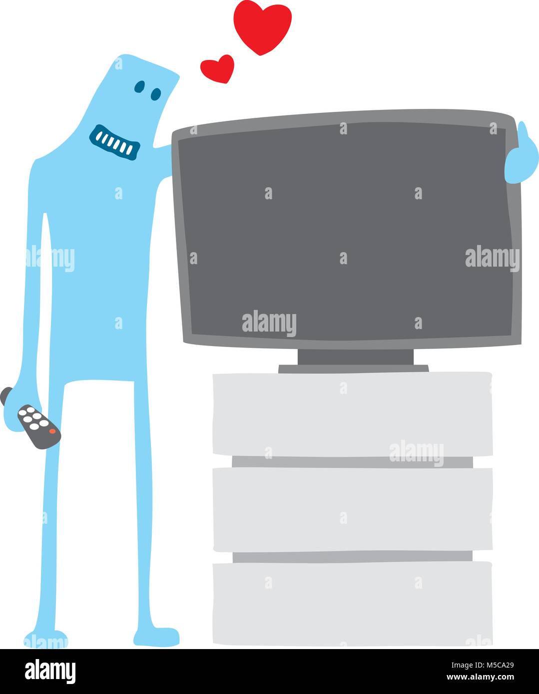 Cartoon illustration of funny character hugging his tv set Stock Vector