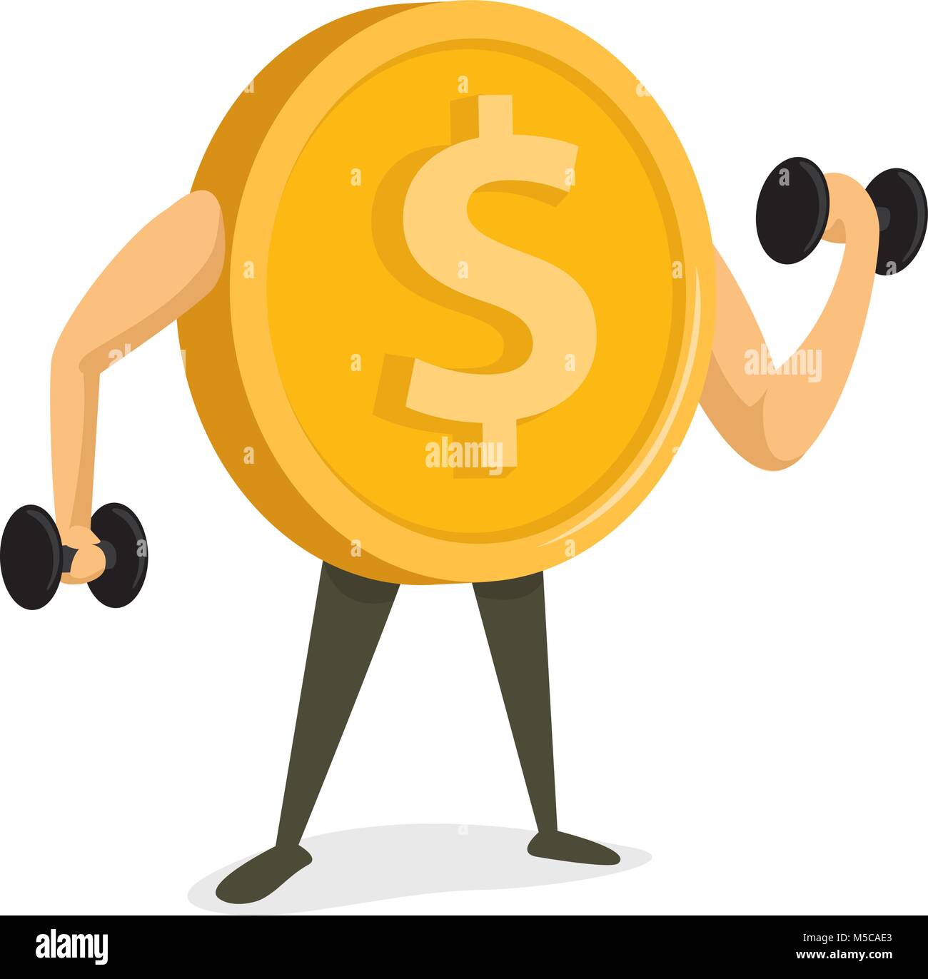 Cartoon illustration of coin working out or strong currency Stock