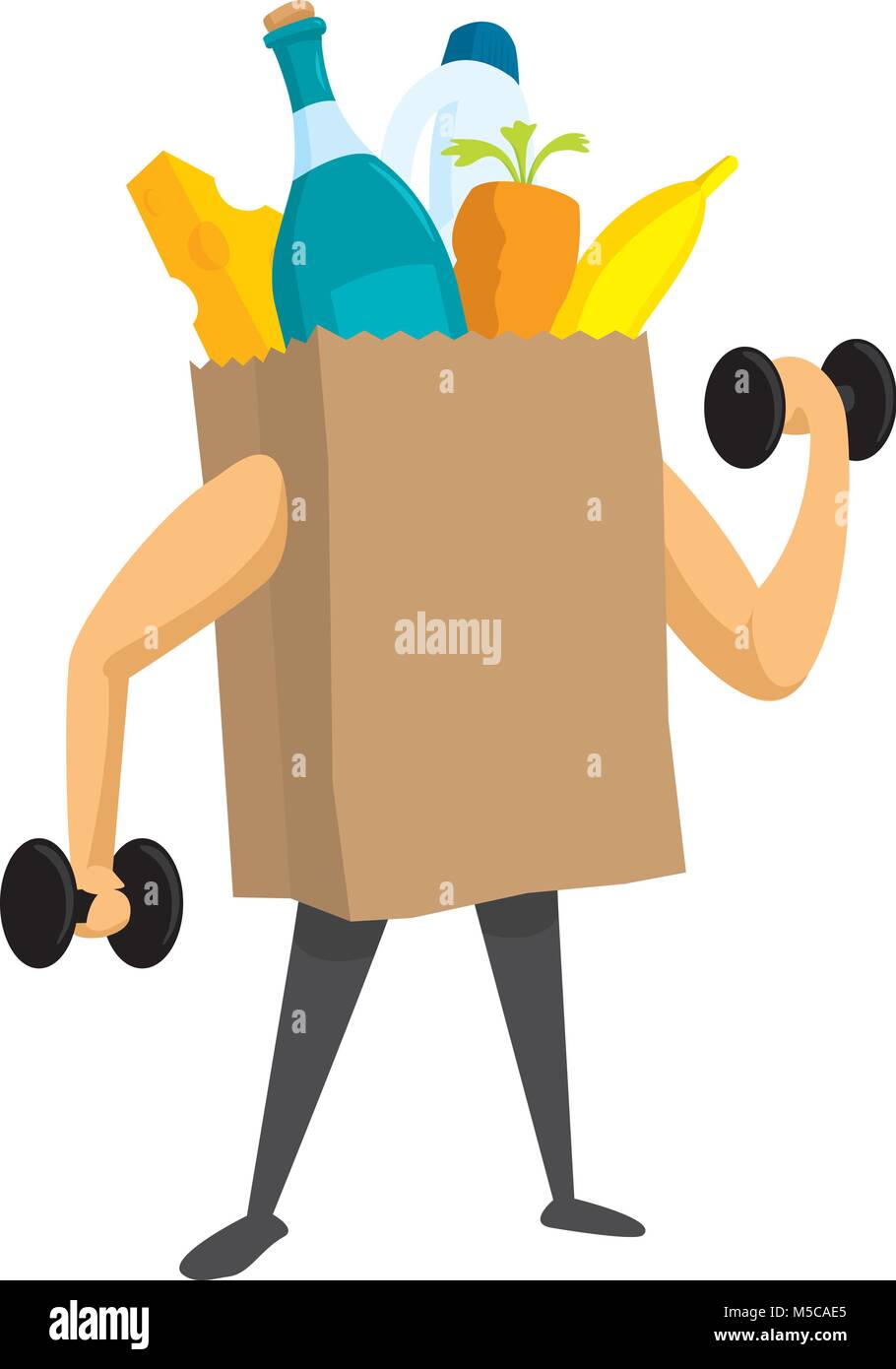 Cartoon illustration of groceries training with weights Stock Vector