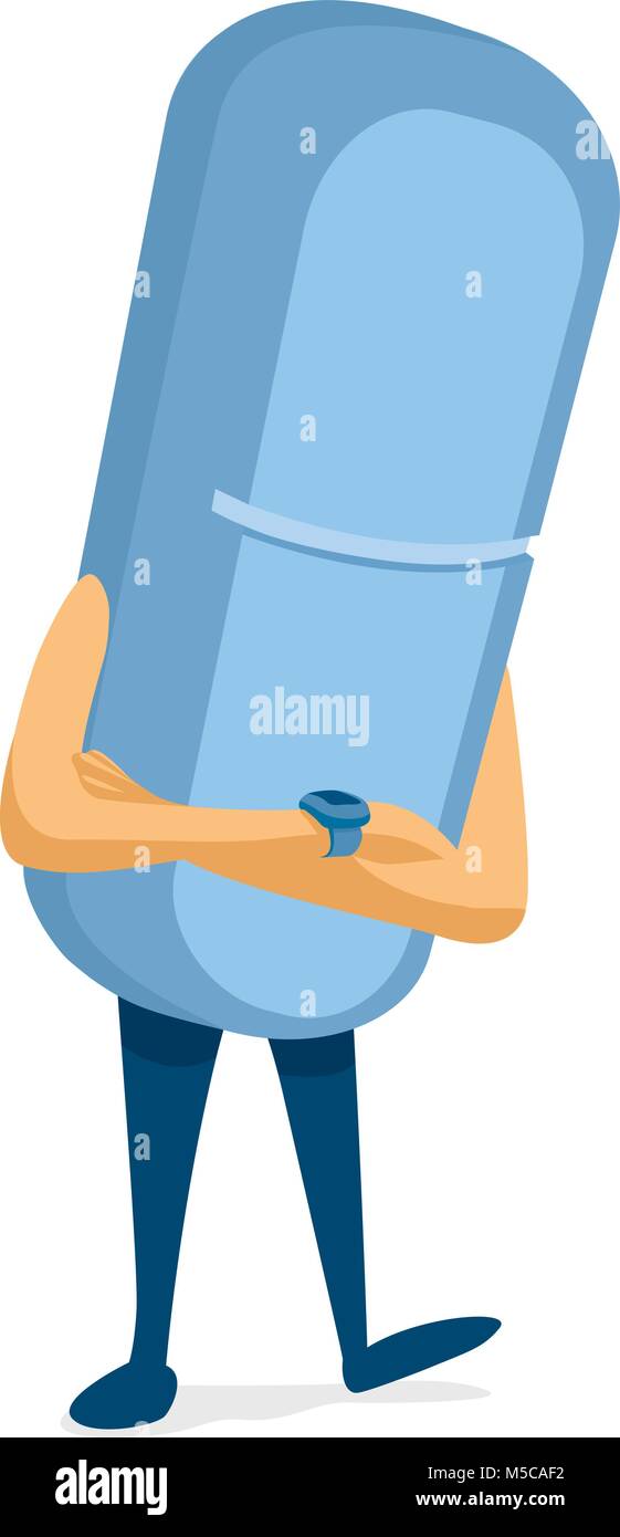 Cartoon illustration of blue pill checking time on watch Stock Vector