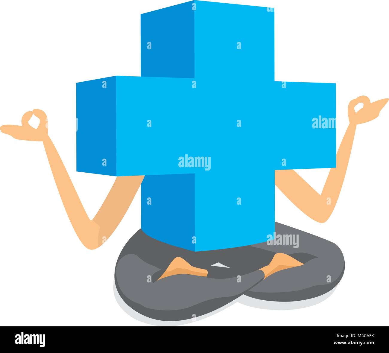Cartoon illustration of giant health cross practising yoga Stock Vector