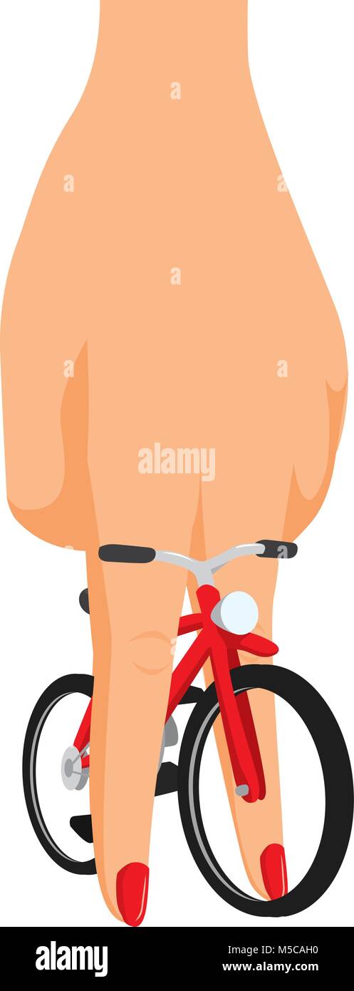 Cartoon illustration of femenine hand standing with red bike Stock Vector