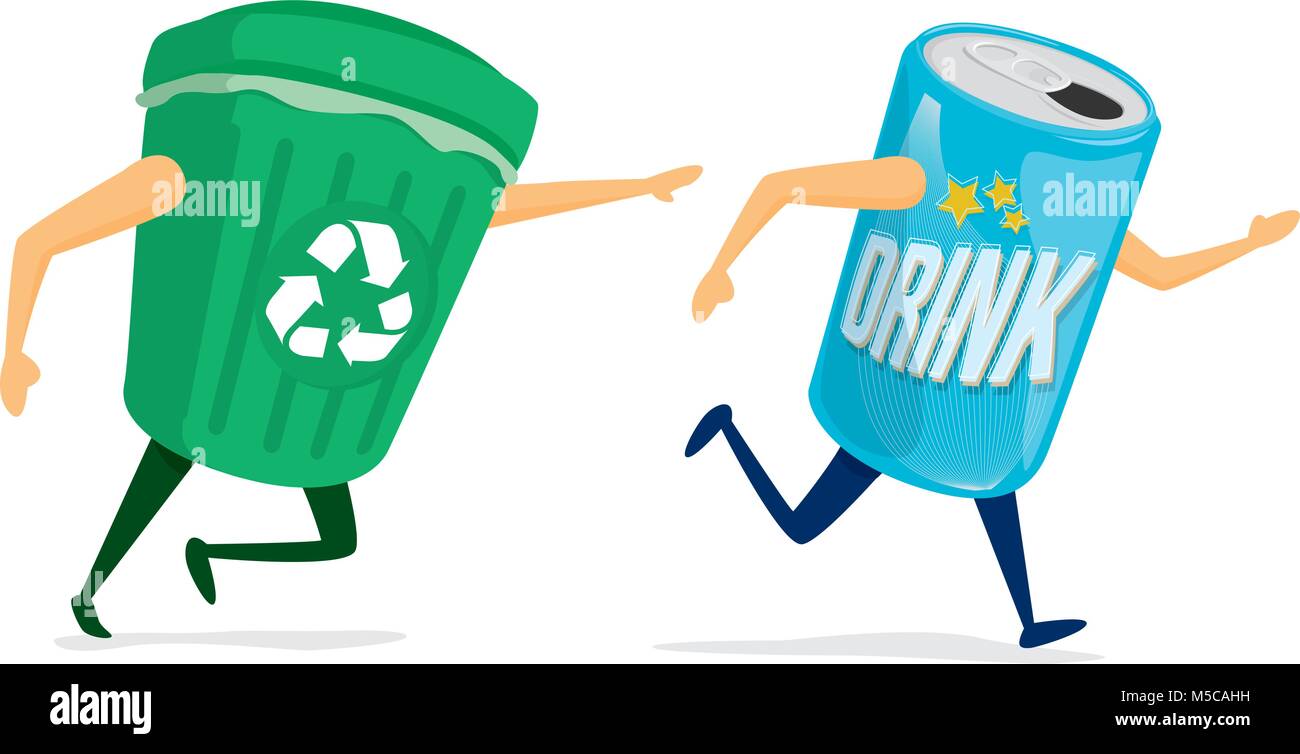 Cartoon illustration between recycling bin and soda can Stock Vector