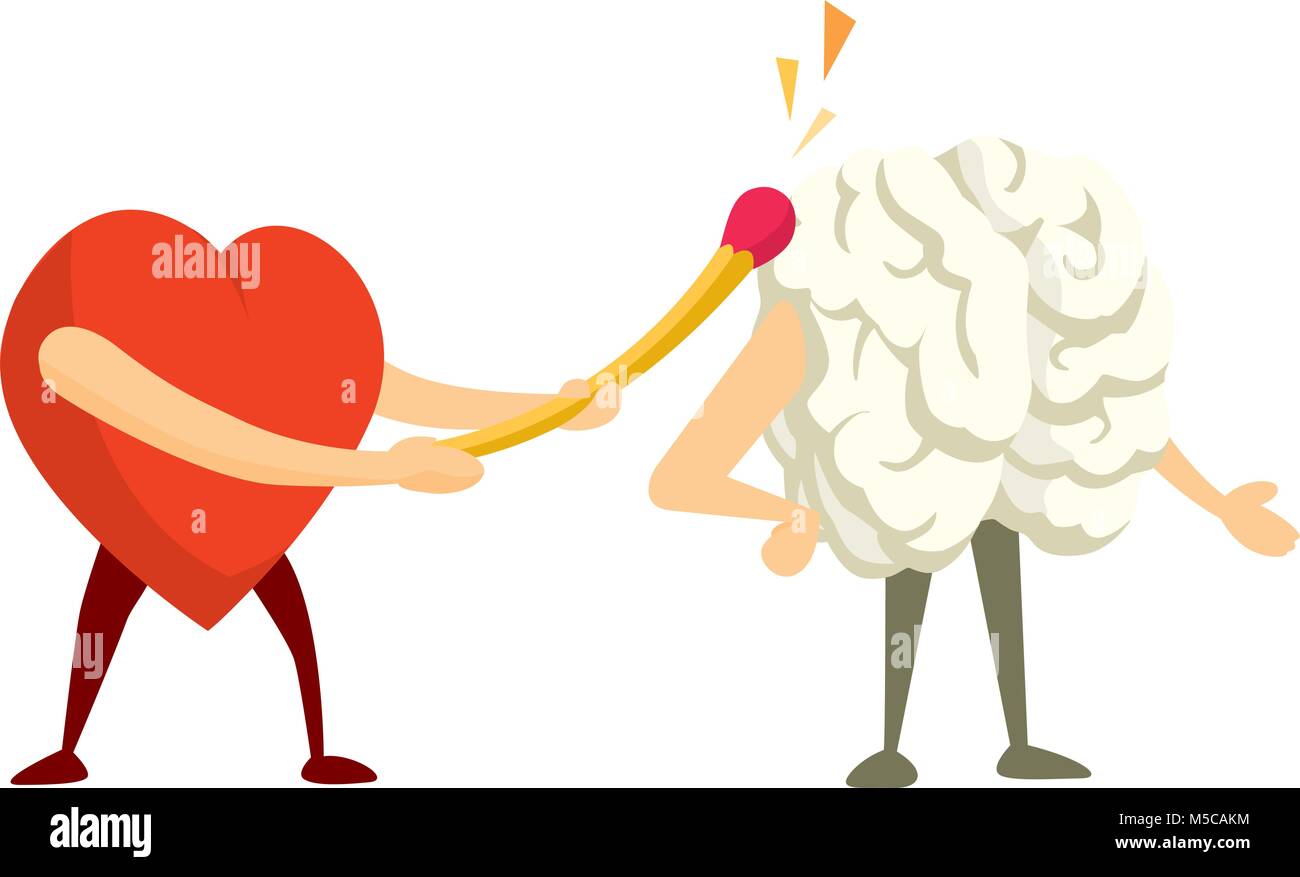 Cartoon illustration of heart sparking a match on brain Stock Vector