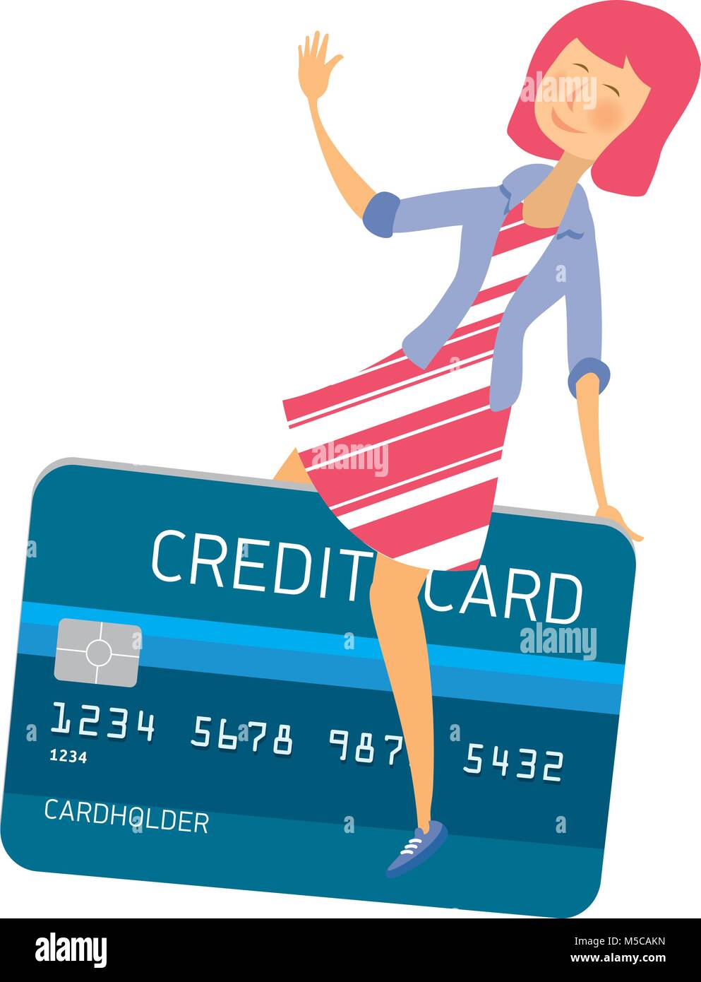 Cartoon illustration of modern young woman enjoying her credit card Stock Vector
