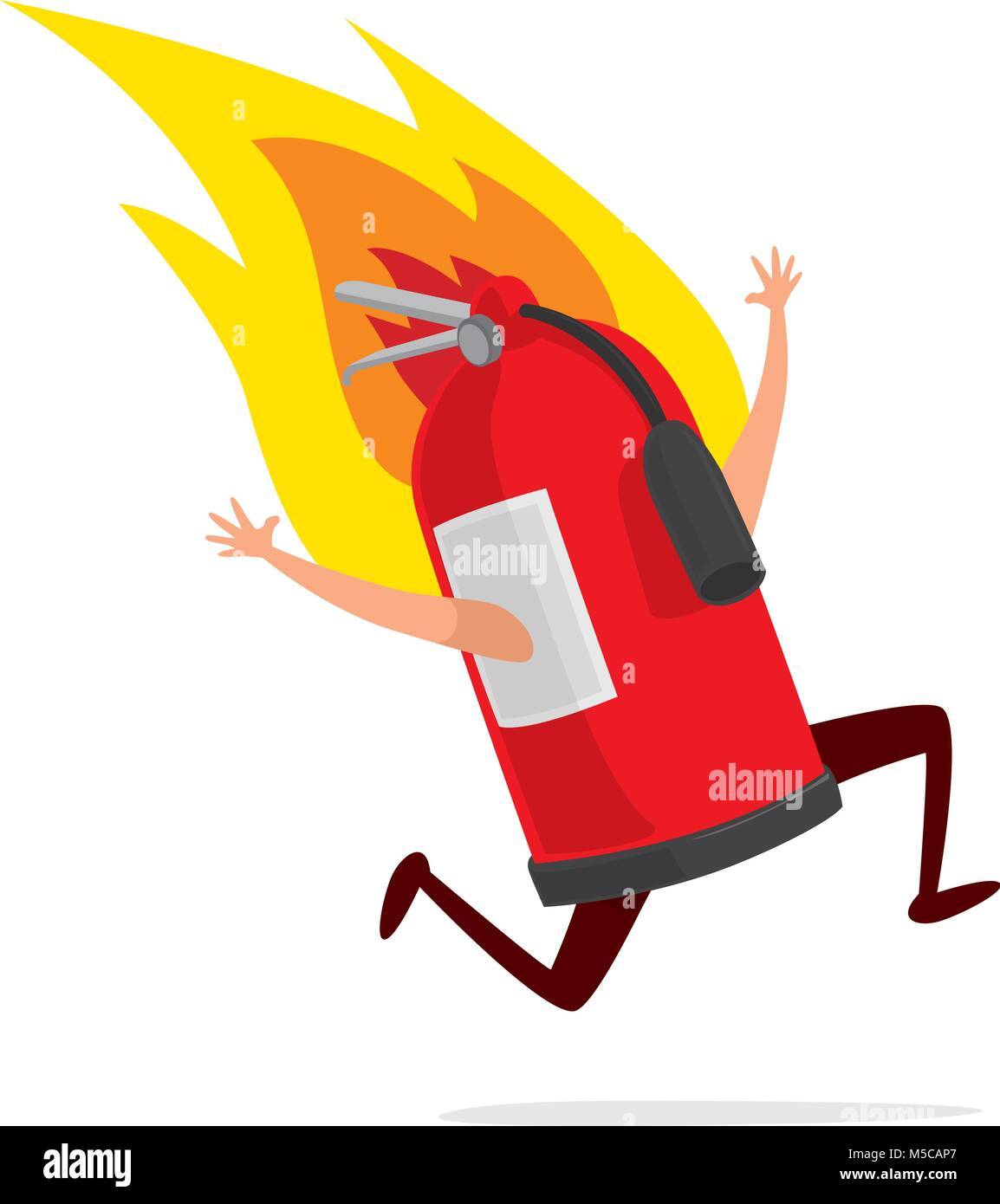 Cartoon illustration of desperate extinguisher running on fire Stock Vector