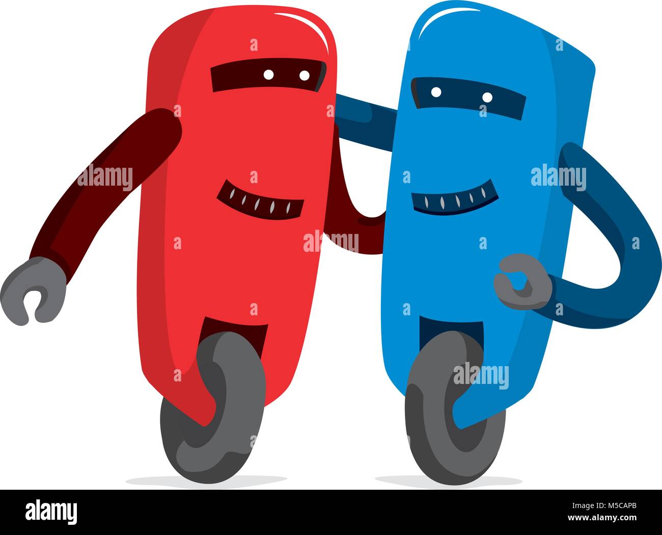 Cartoon illustration of red and blue robot sharing Stock Vector