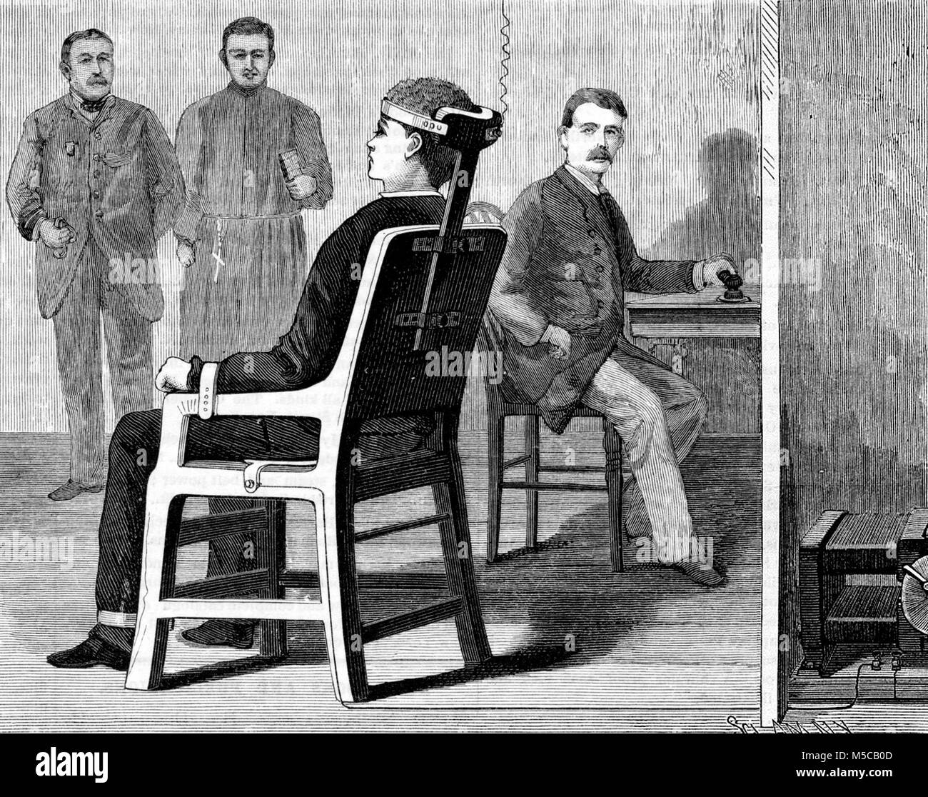 'EXECUTION BY ELECTRICITY SHORTLY TO BE INTRODUCED IN N Y STATE' from the JUNE 30, 1888 Scientific American depicting the newly approved form of capital punishment in New York State, the 'electric chair' based on Alfred P. Southwick's design. This design would be refined over the next year by the New York Medico-Legal Society. It was first used on August 6, 1890 to put condemned criminal William Kemmler to death. Stock Photo