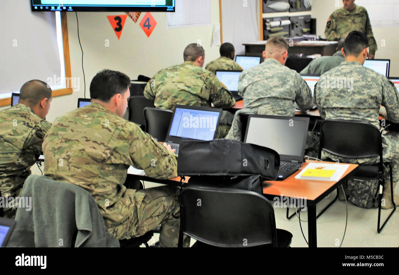 Students in the 89B Ammunition Supply Course, taught by the 13th Battalion, 100th (13th, 100th) Regiment, work on a project Jan. 16, 2018, at Fort McCoy, Wis. The 13th, 100th is an ordnance battalion that provides training and training support to Soldiers in the ordnance maintenance military occupational specialty (MOS) series. The unit, aligned under the 3rd Brigade, 94th Division of the 80th Training Command, has been at Fort McCoy since about 1995. (U.S. Army Stock Photo