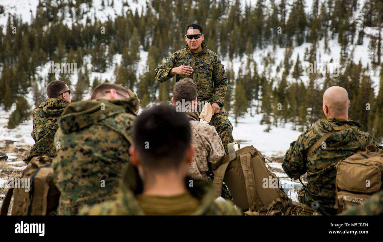 U.S. Marine Corps Sgt. Abel Hernandez, a communications chief with Alpha Battery, 2nd Low Altitude Air Defense (LAAD) Battalion, teaches a class during Mountain Training Exercise (MTX) 1-18 on Marine Corps Mountain Warfare Training Center Bridgeport, Calif. on Jan. 29, 2018. 2nd LAAD participated in MTX to increase the unit’s ability to rapidly respond, sustain itself, and to accomplish missions in a unique cold weather environment and mountainous terrain. (U.S. Marine Corps Stock Photo