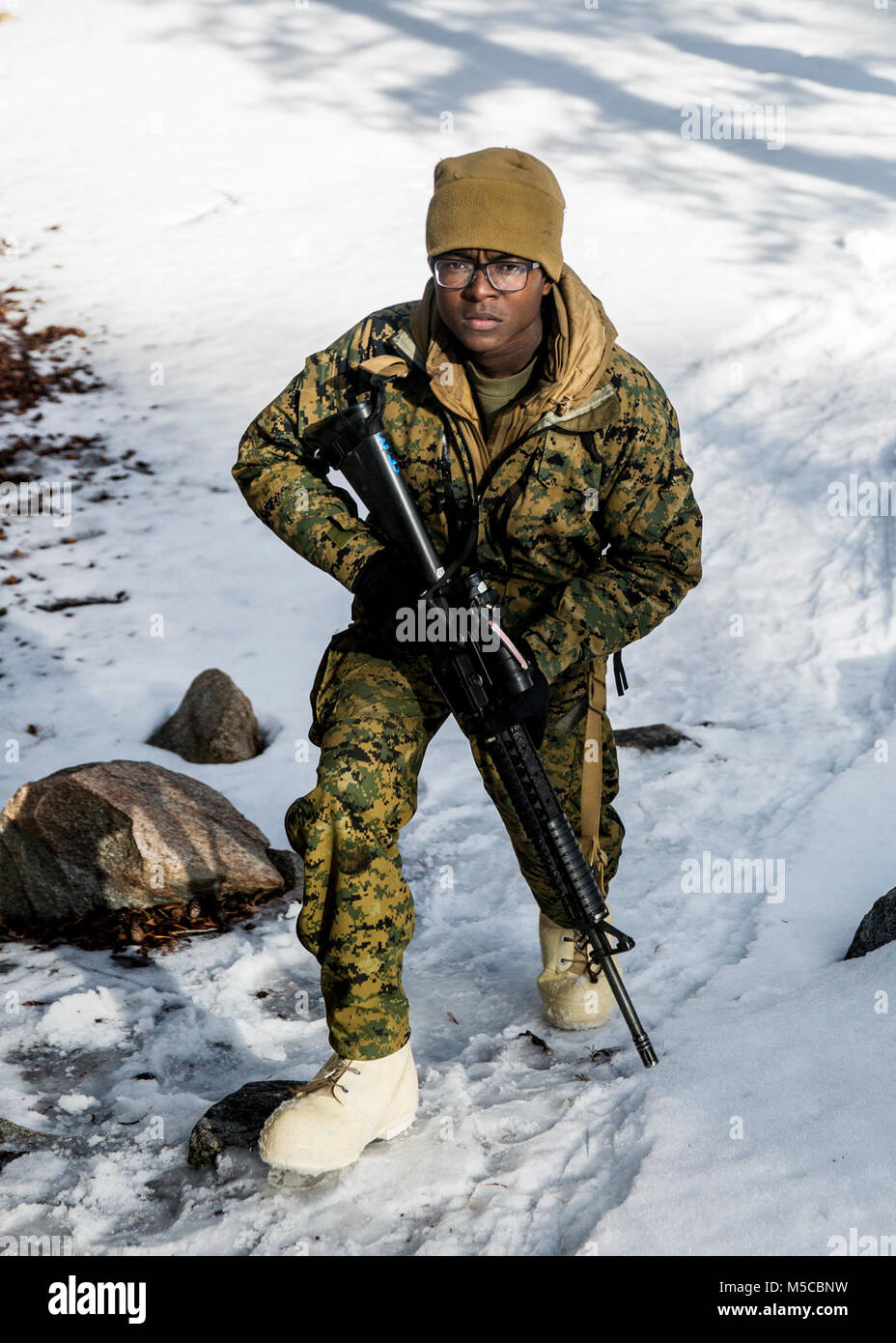 U.S. Marine Corps Cpl. Jasper Mcgee III, a tactical transmission operator with Alpha Battery, 2nd Low Altitude Air Defense (LAAD) Battalion, patrols during Mountain Training Exercise (MTX) 1-18 on Marine Corps Mountain Warfare Training Center Bridgeport, Calif. on Feb. 3, 2018. 2nd LAAD participated in MTX to increase the unit’s ability to rapidly respond, sustain itself, and to accomplish missions in a unique cold weather environment and mountainous terrain. (U.S. Marine Corps Stock Photo