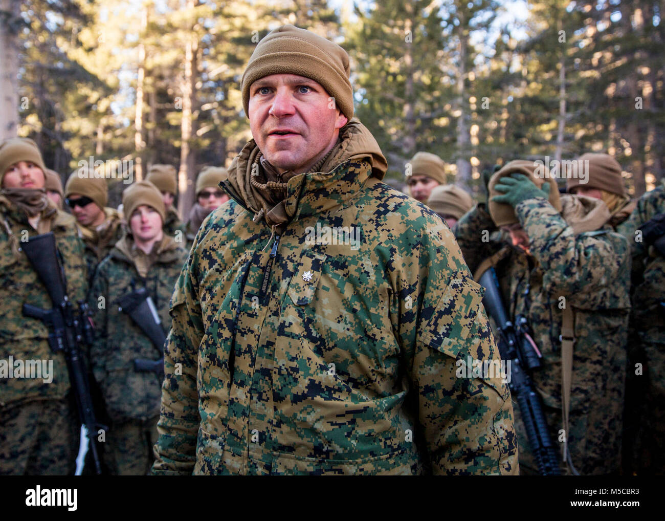 U.S. Marine Corps Lt. Col. Christopher F. Crim, the commanding officer of 2nd Low Altitude Air Defense (LAAD) Battalion addresses the unit during Mountain Training Exercise (MTX) 1-18 on Marine Corps Mountain Warfare Training Center Bridgeport, Calif. on Feb. 5, 2018. 2nd LAAD participated in MTX to increase the unit’s ability to rapidly respond, sustain itself, and to accomplish missions in a unique cold weather environment and mountainous terrain. (U.S. Marine Corps Stock Photo