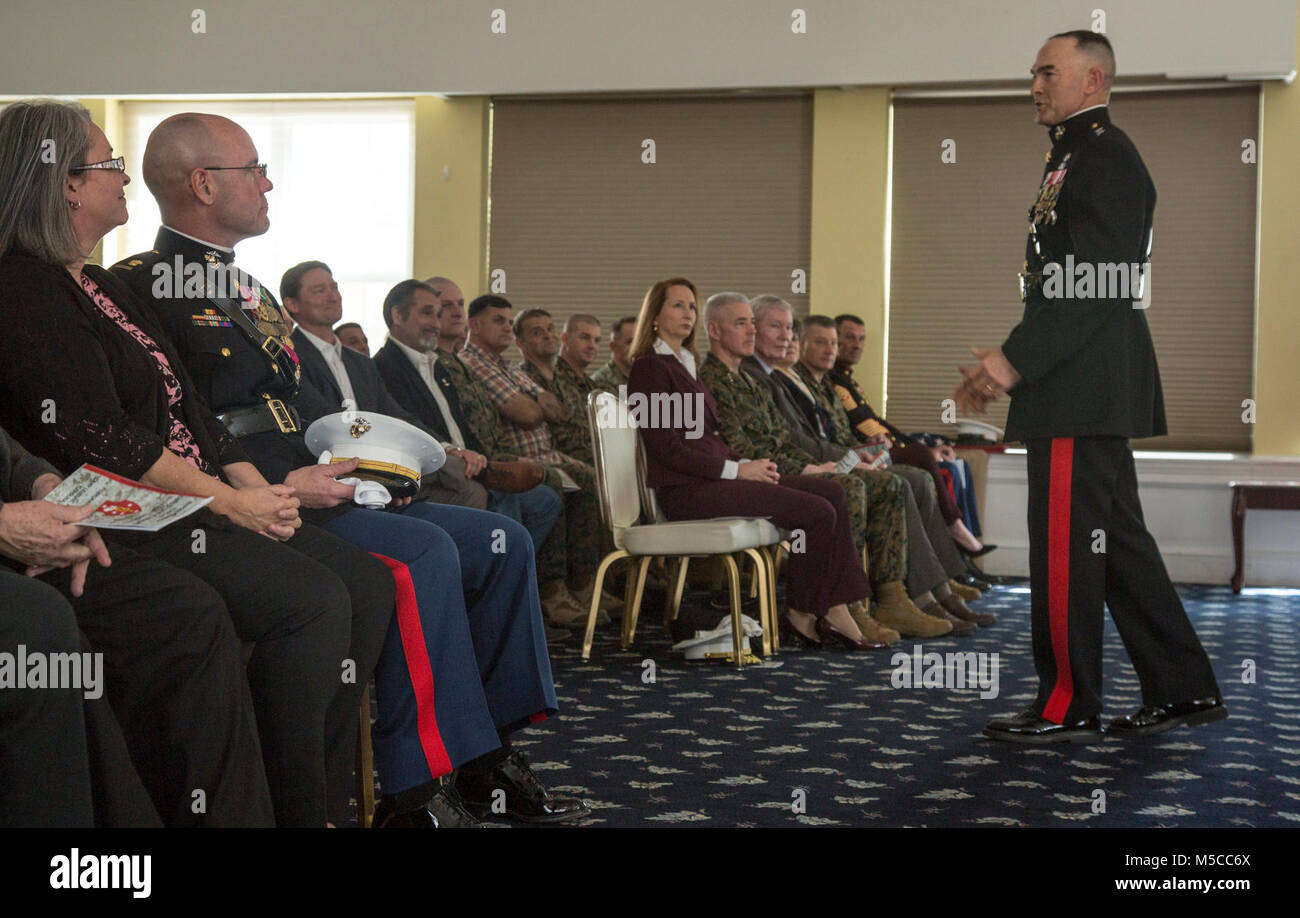 U.S. Marine Corps Maj. Gen. John K. Love, commanding general, 2nd Marine Division (2d MARDIV) gives his remarks during a retirement ceremony for CWO5 Christian P. Wade, gunner, 2d MARDIV at Camp Lejeune, N.C., Feb. 9, 2018. The retirement ceremony was held to honor Wade for his 30 years of honorable active service to the United States Marine Corps. (U.S. Marine Corps Stock Photo