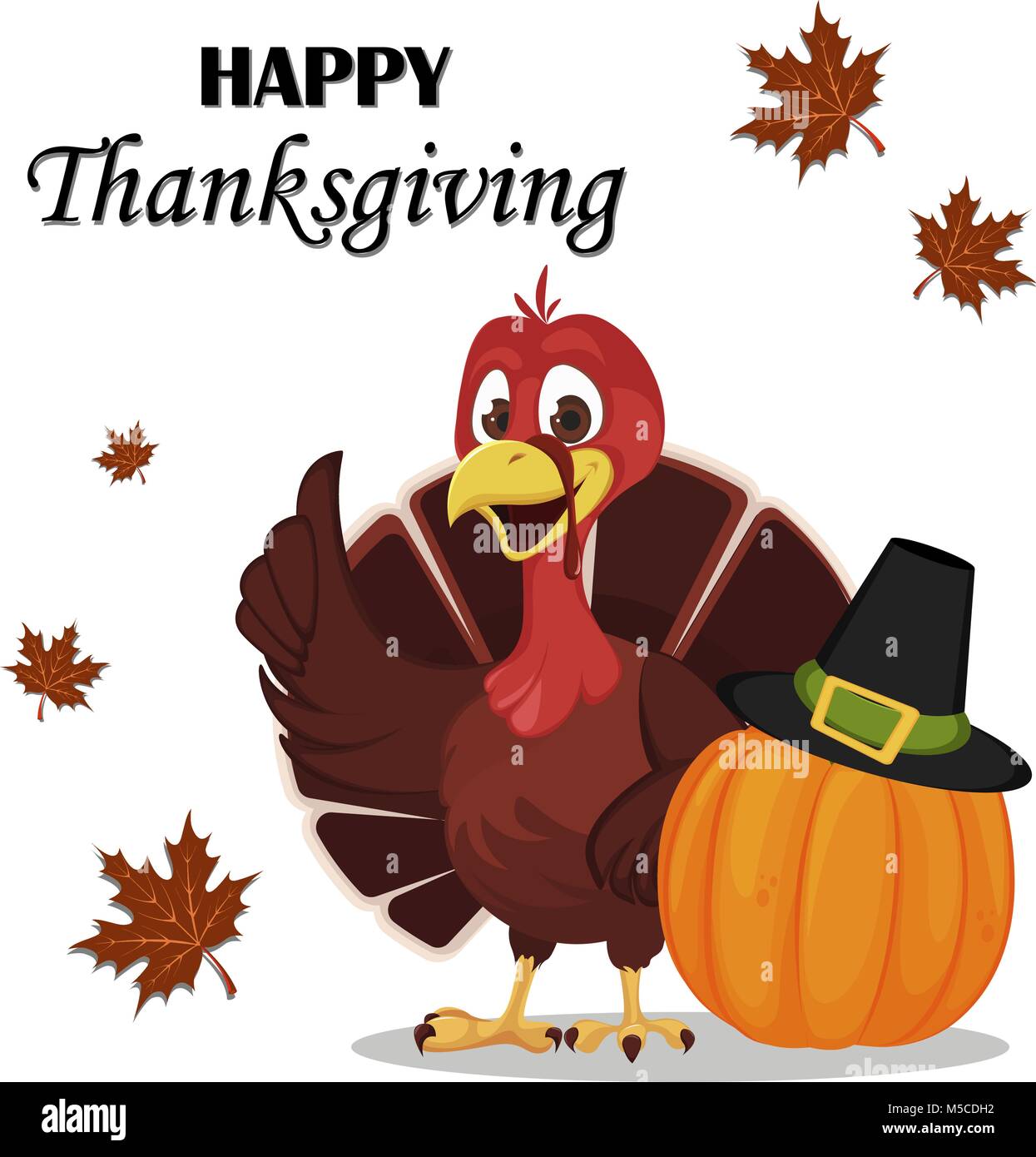 Thanksgiving greeting card with a turkey bird standing near pumpkin in ...