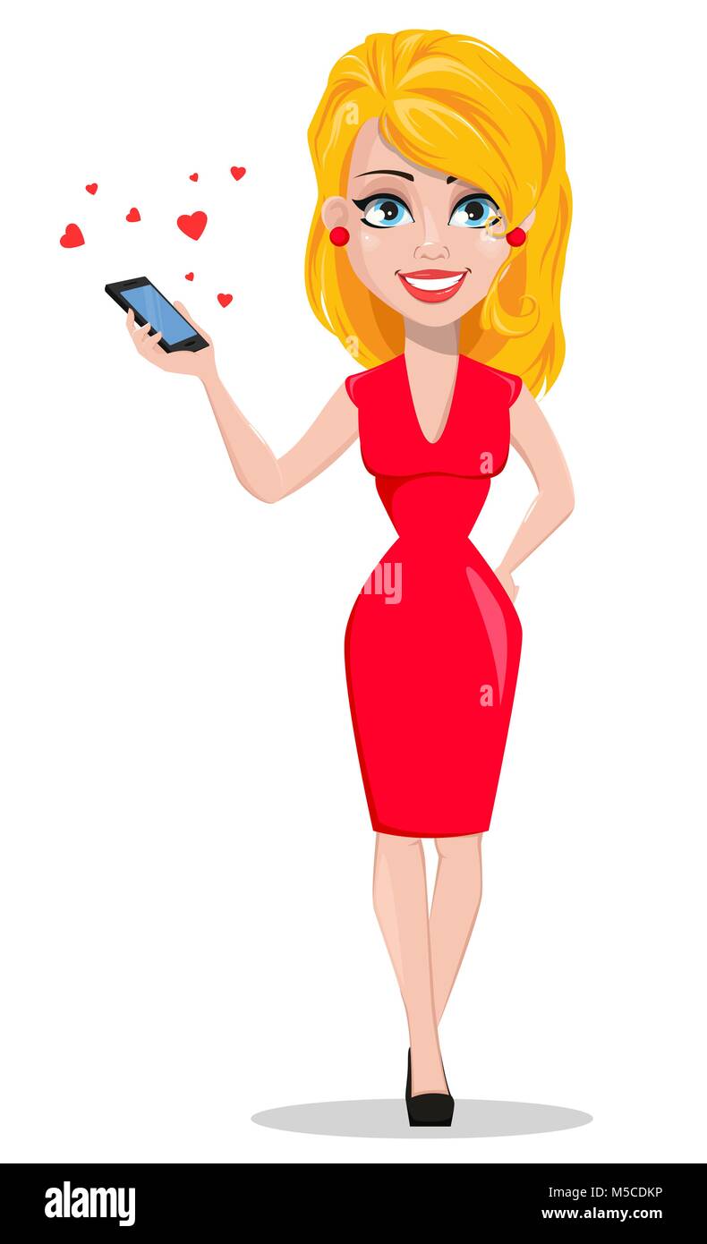 Beautiful woman in red dress holding smartphone with many little hearts. Smiling cartoon character. Illustration for Valentine day or Women day. Stock Stock Vector Image & Art - Alamy Beautiful woman in red dress holding smartphone with many little hearts. Smiling cartoon character. Illustration for Valentine day or Women day. Stock Stock Vector Image & Art - Alamy