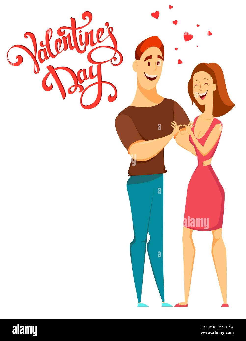 Valentines Day. Couple in love. Man and woman standing together and making  heart shape from hands. Cheerful cartoon characters and handmade lettering  Stock Vector Image & Art - Alamy