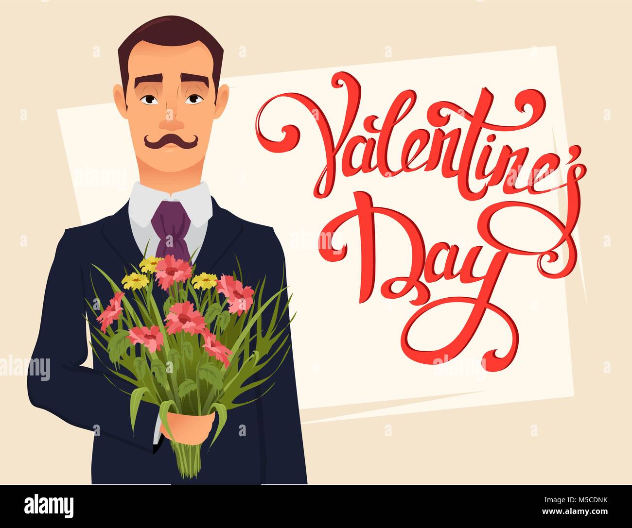 Valentine day greeting card with hand drawn lettering. Handsome gentleman in suit with mustache holding bouquet of wildflowers Stock Vector