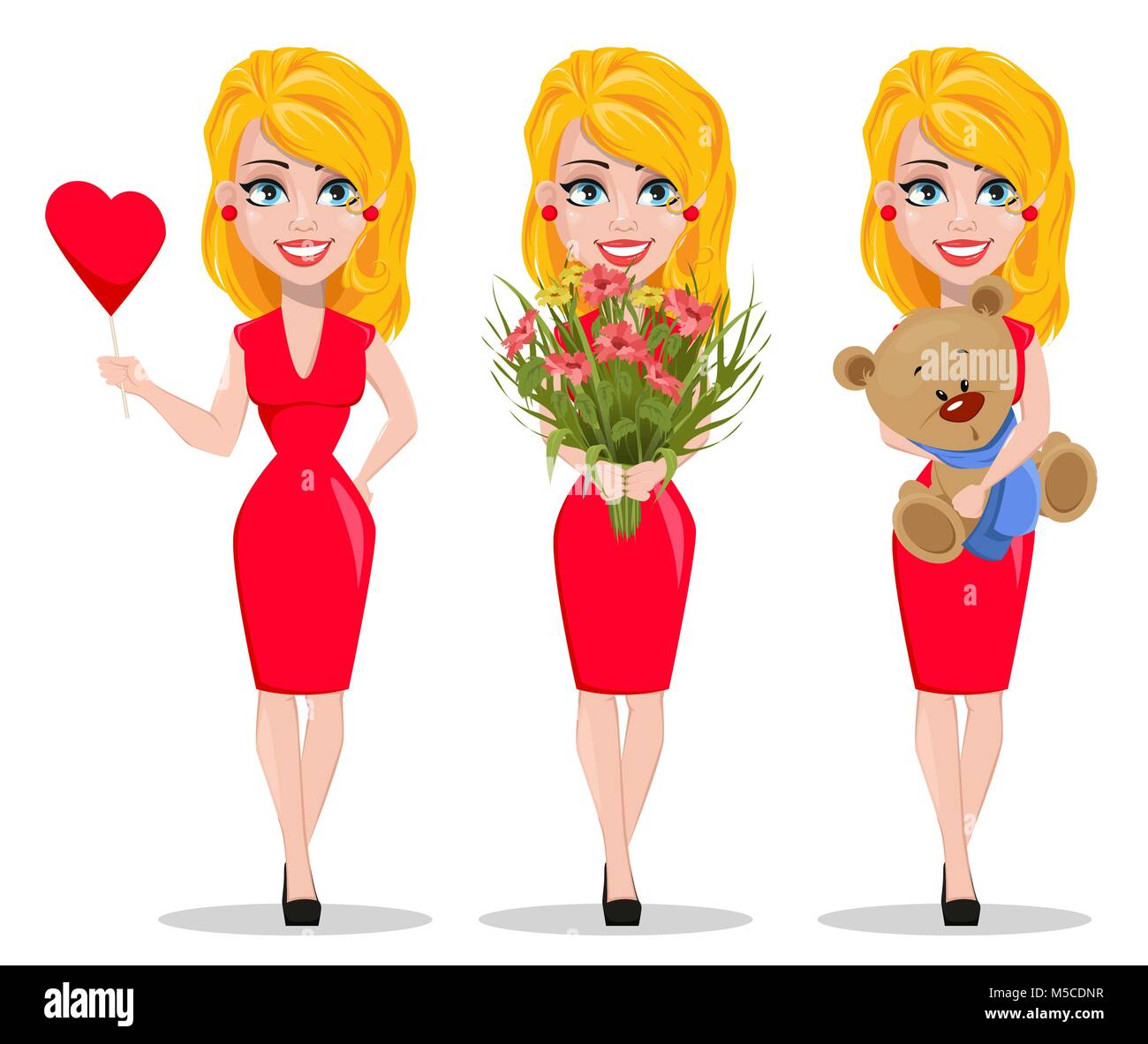 Beautiful woman in red dress, set with paper heart, bouquet of flowers and  with teddy bear. Smiling cartoon character. Illustration for Valentine day  Stock Vector Image & Art - Alamy