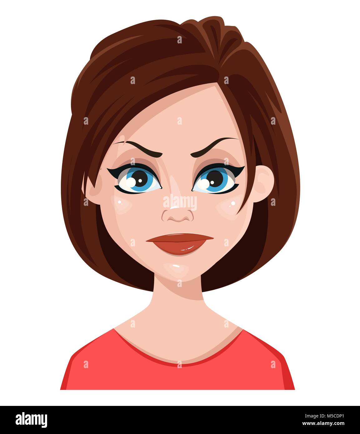 Face expression of a woman - dissatisfied, angry. Female emotions. Pretty cartoon character. Vector illustration isolated on white background. Stock Vector