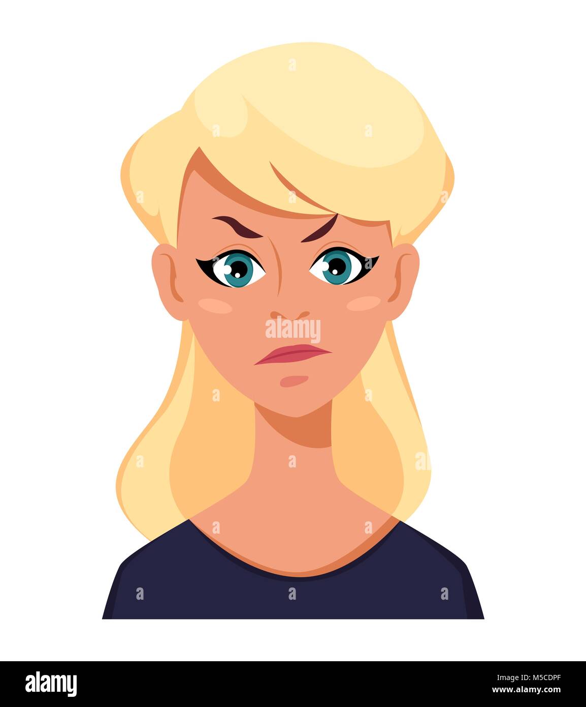 Face expression of a blonde woman - dissatisfied, angry. Female emotions. Attractive cartoon character. Vector illustration isolated on white backgrou Stock Vector