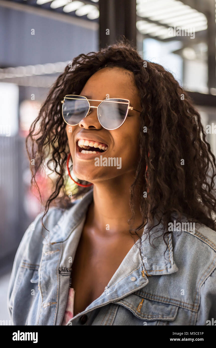 African women smiling and happy and looking fashionable. Johannesburg, Gauteng, South Africa, 20018/01/10. Stock Photo