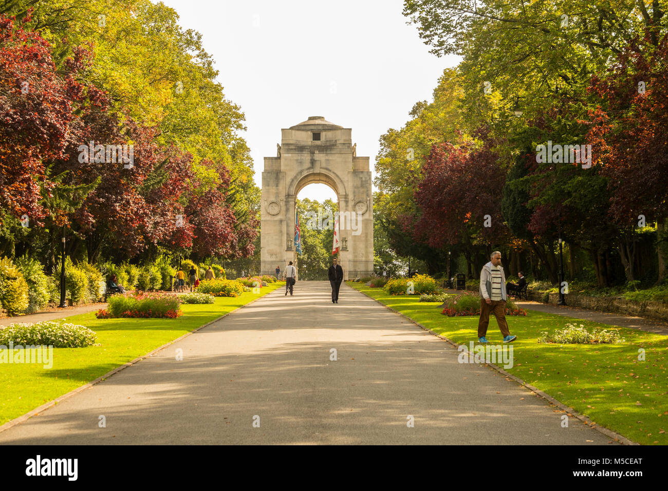 Avenue named the Peace Walk leading to the Arch of Remembrance in Victoria Park, Leicester designed by Sir Edwin Lutyens. Stock Photo