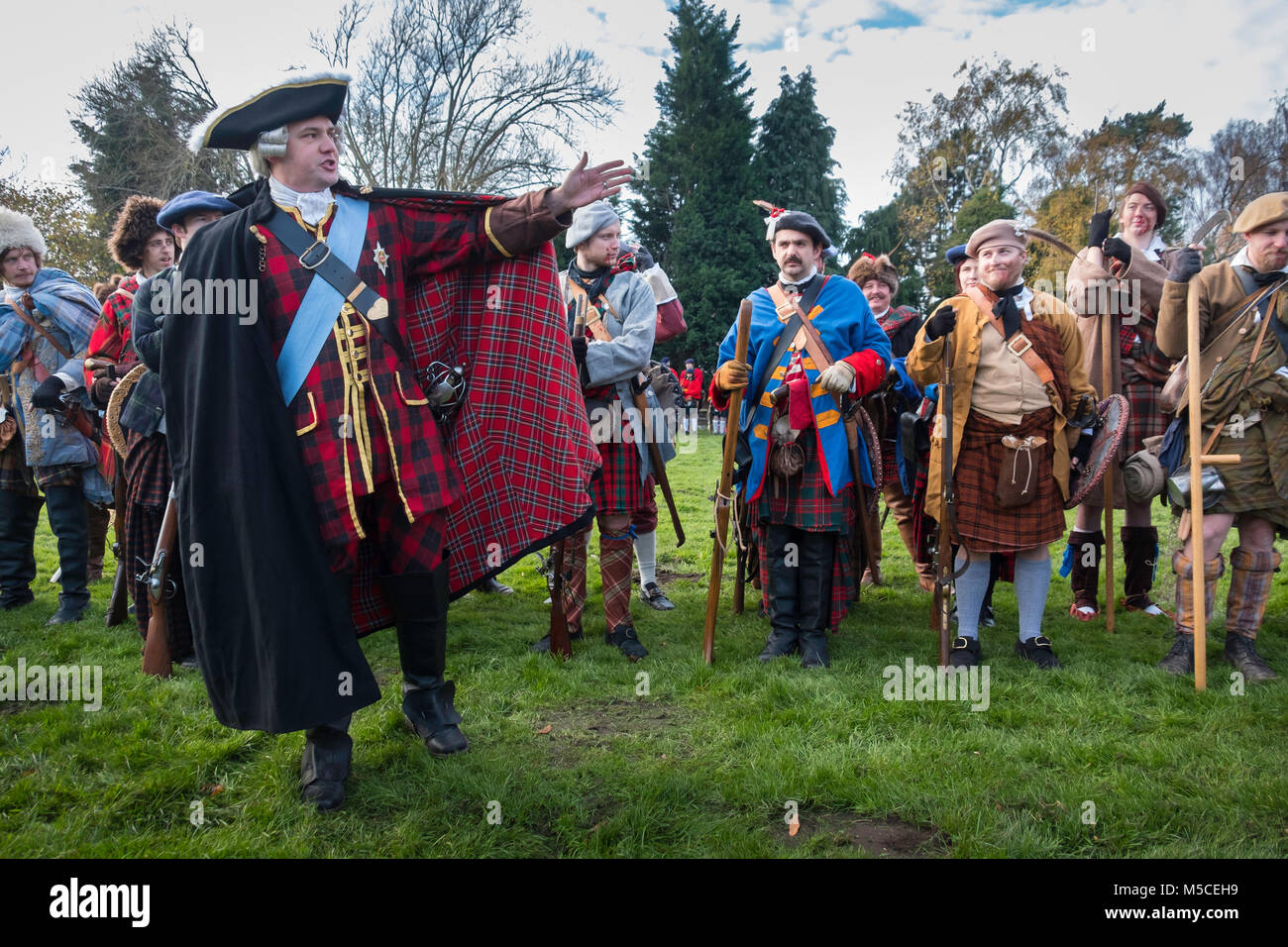 Charles Edward Stuart better known as Bonnie Prince Charlie gives a rousing speech to Scottish soldiers in a re-enactment of the Jacoite rising of 174 Stock Photo