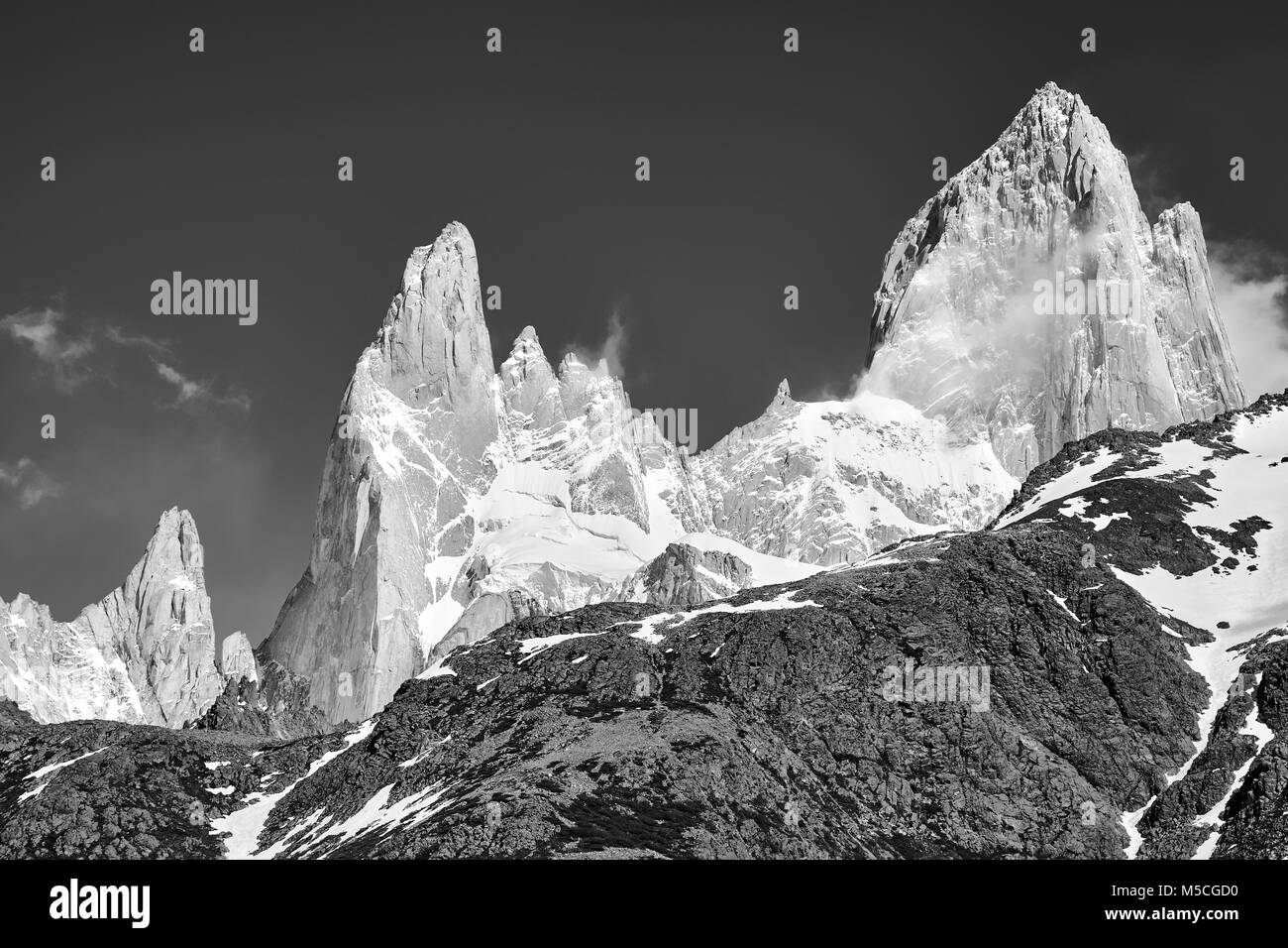 Black and white picture of the Fitz Roy Mountain Range, Los Glaciares National Park, Argentina. Stock Photo