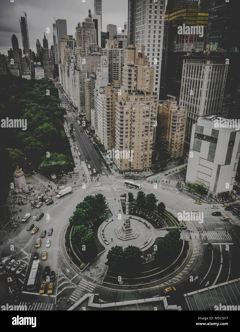 New York, United States of America - May 30, 2017: The view of the Columbus circle from above. The traffic circle is a very busy area in the borough of Manhattan and is named after the monument of Christopher Columbus. Stock Photo