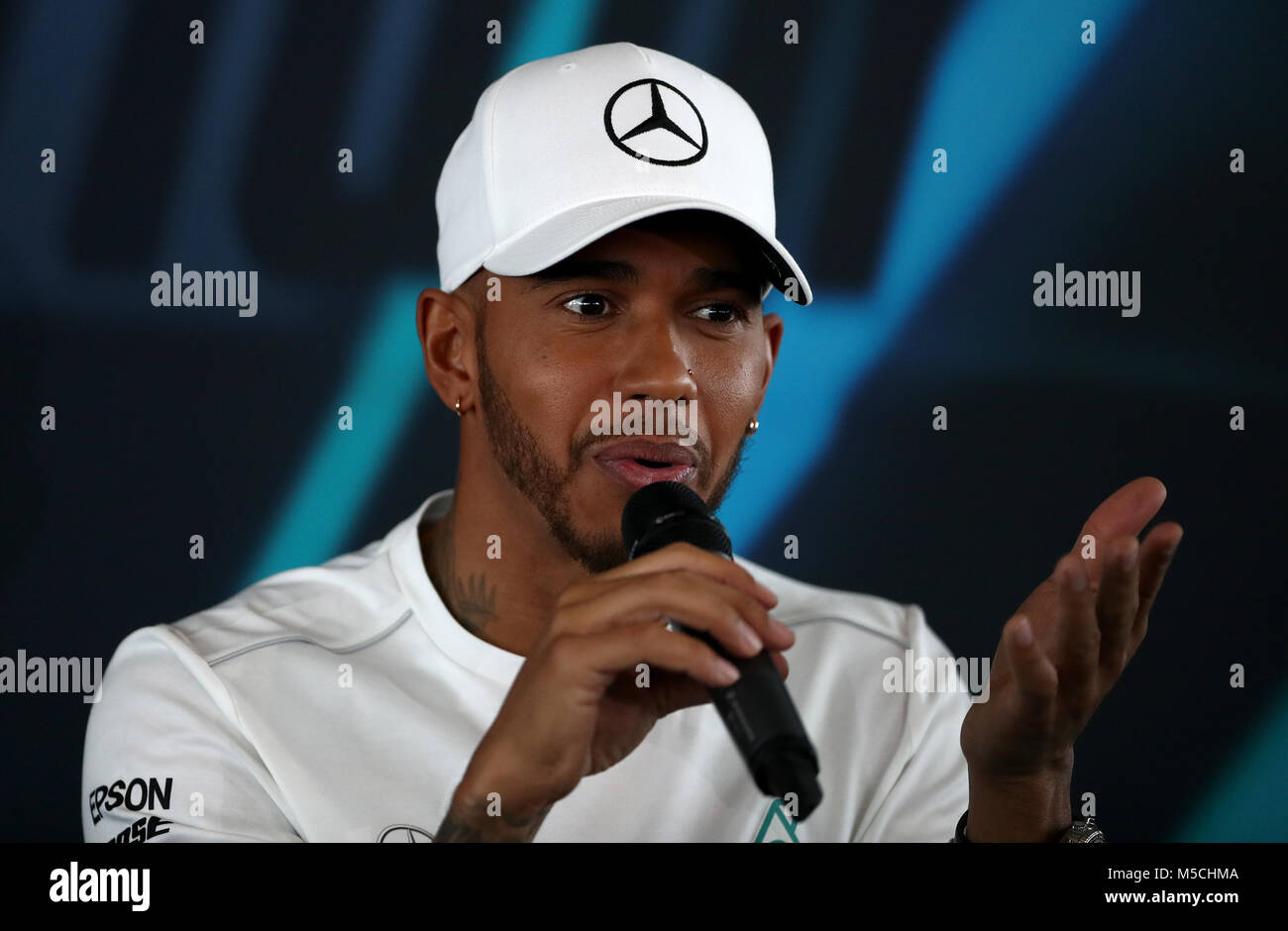 Mercedes driver Lewis Hamilton attending a press conference during the Mercedes-AMG F1 2018 car launch at Silverstone, Towcester. Stock Photo