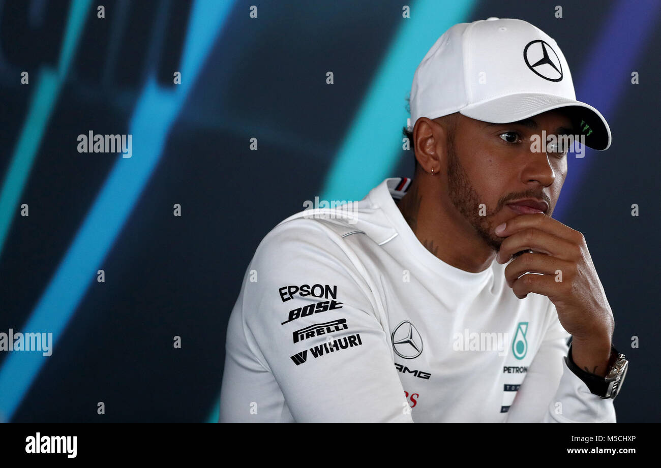 Mercedes driver Lewis Hamilton attending a press conference during the Mercedes-AMG F1 2018 car launch at Silverstone, Towcester. Stock Photo