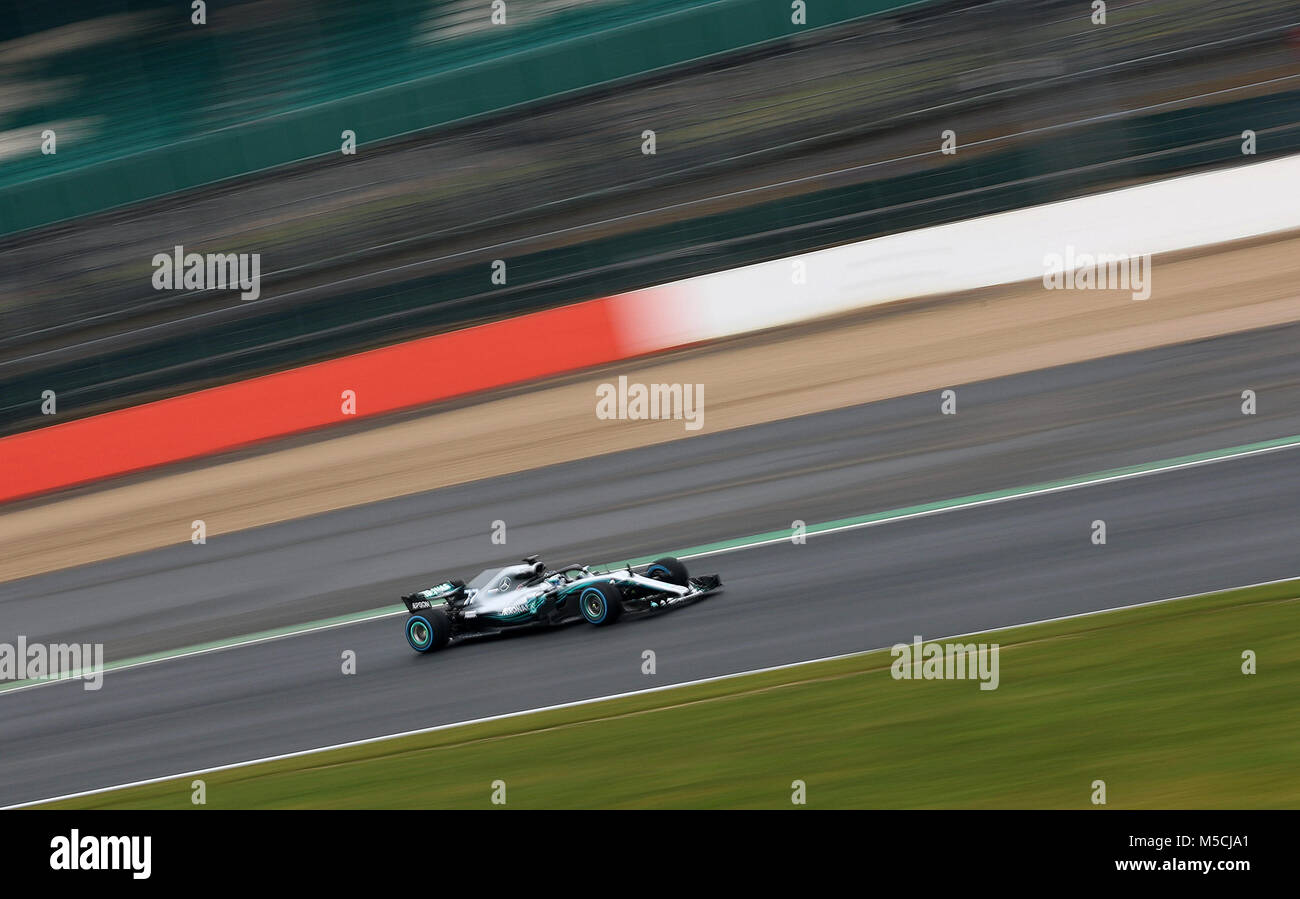 Mercedes driver Valtteri Bottas on track during the Mercedes-AMG F1 2018 car launch at Silverstone, Towcester. Stock Photo