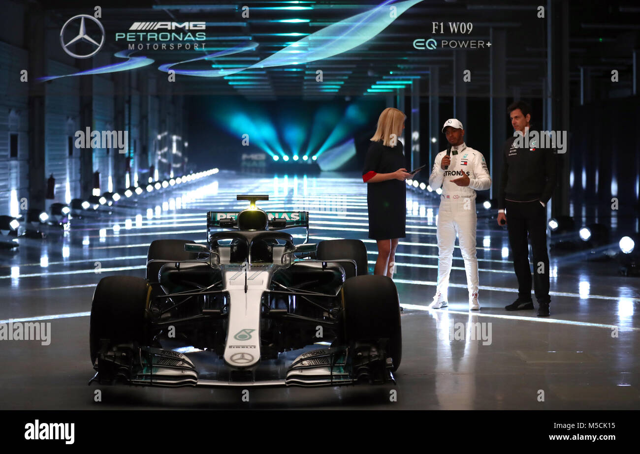 Mercedes Lewis Hamilton and team principal Toto Wolff (right) next to the new Mercedes W09 EQ Power+ during the Mercedes-AMG F1 2018 car launch at Silverstone, Towcester. Stock Photo