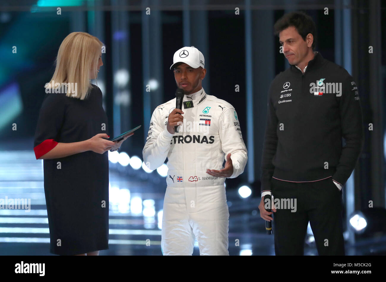 Mercedes Lewis Hamilton and team principal Toto Wolff (right) during the Mercedes-AMG F1 2018 car launch at Silverstone, Towcester. Stock Photo