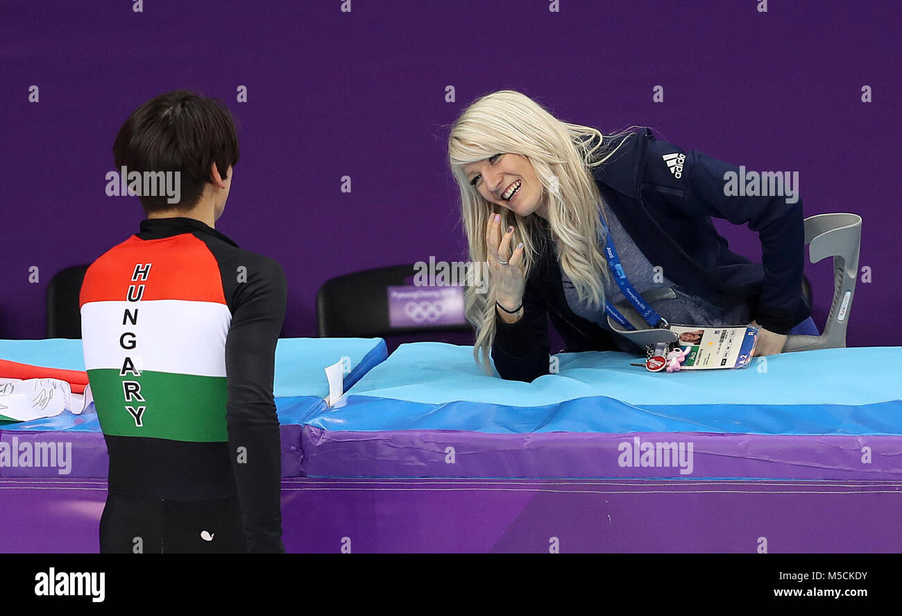 Great Britain's Elise Christie (right) congratulates boyfriend Hungary's Shaolin Sandor Liu after he won the Men's Short Track Speed Skating 5,000m Relay Final A at the Gangneung Ice Arena during day thirteen of the PyeongChang 2018 Winter Olympic Games in South Korea. Stock Photo