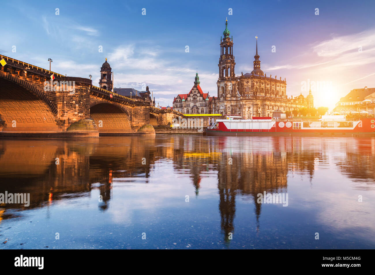 Dresden city skyline panorama at Elbe River and Augustus Bridge, Dresden, Saxony, Germany Stock Photo