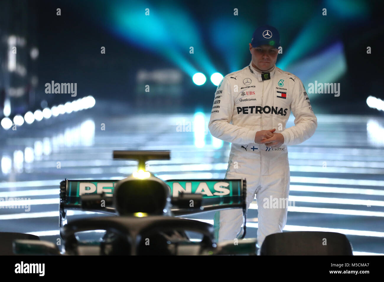 Valtteri Bottas with the new Mercedes W09 EQ Power+ during the Mercedes-AMG F1 2018 car launch at Silverstone, Towcester. Stock Photo