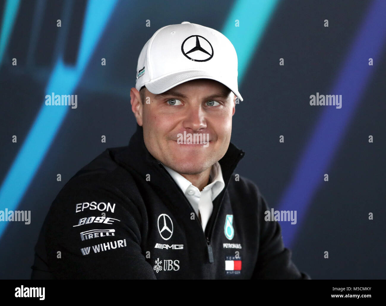 Mercedes Valtteri Bottas attends a press conference during the Mercedes-AMG F1 2018 car launch at Silverstone, Towcester. Stock Photo