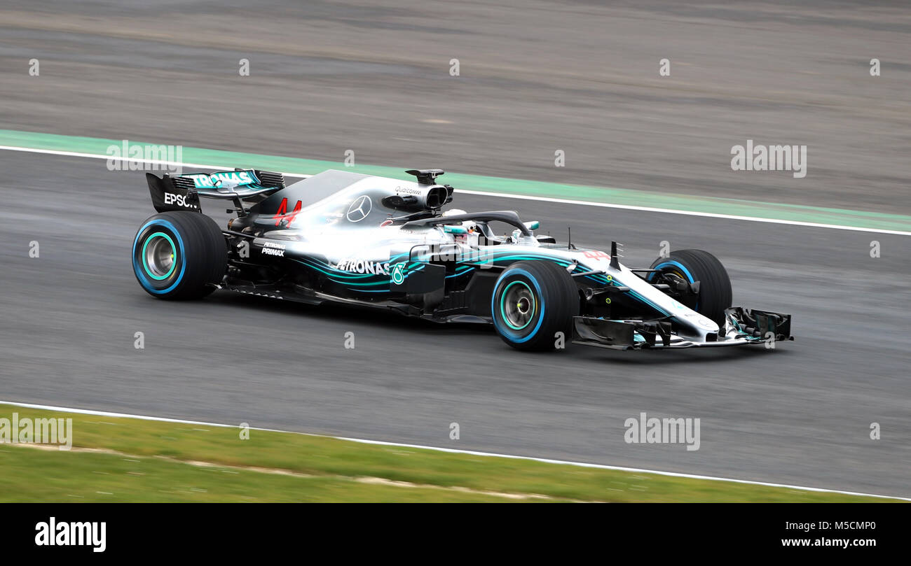 Lewis Hamilton in the new Mercedes W09 EQ Power+ during the Mercedes-AMG F1 2018 car launch at Silverstone, Towcester. Stock Photo