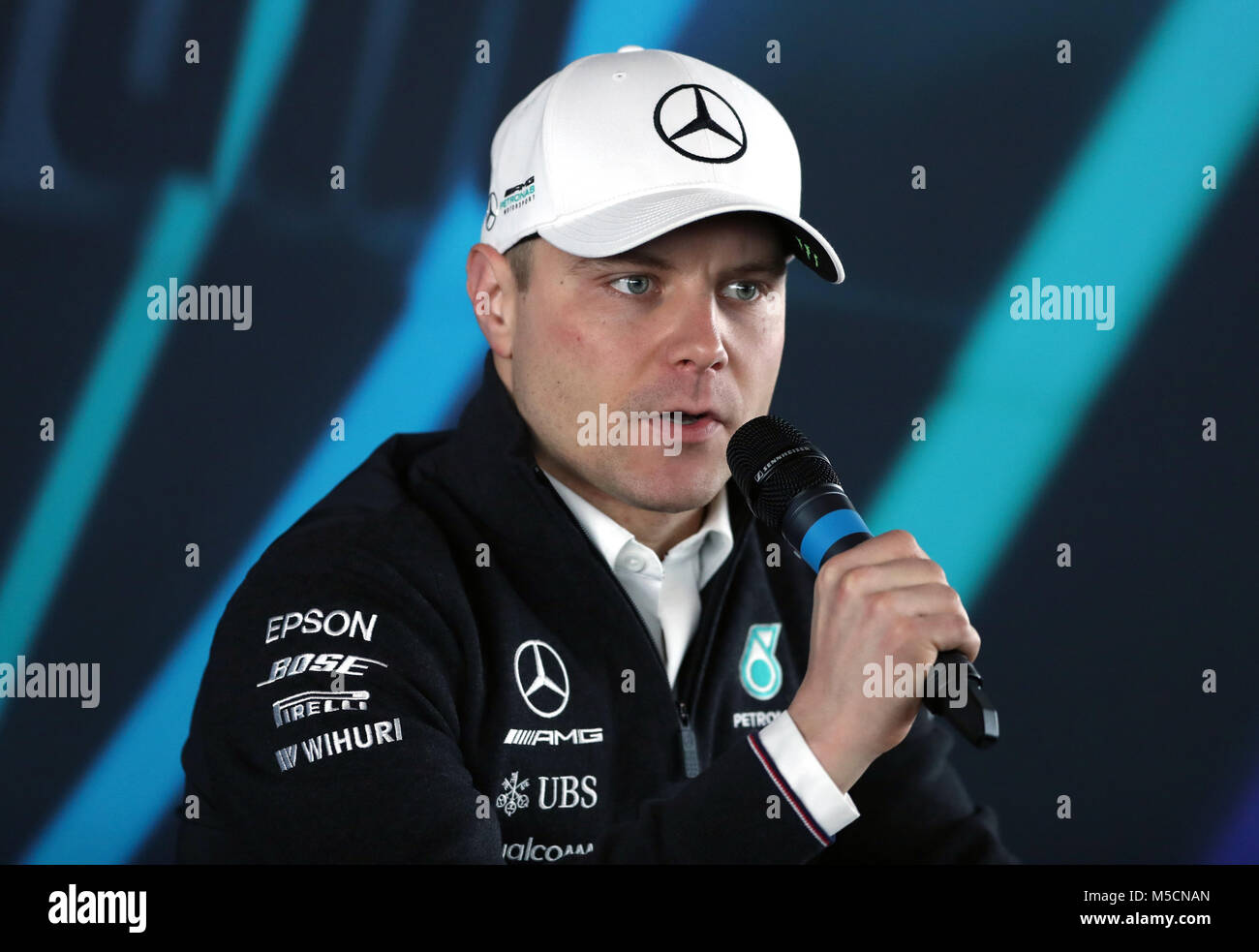 Mercedes Valtteri Bottas attends a press conference during the Mercedes-AMG F1 2018 car launch at Silverstone, Towcester. PRESS ASSOCIATION Photo. Picture date: Thursday February 22, 2018. See PA story AUTO Mercedes. Photo credit should read: Tim Goode/PA Wire. RESTRICTIONS: Editorial use only. Commercial use with prior consent from teams. Stock Photo